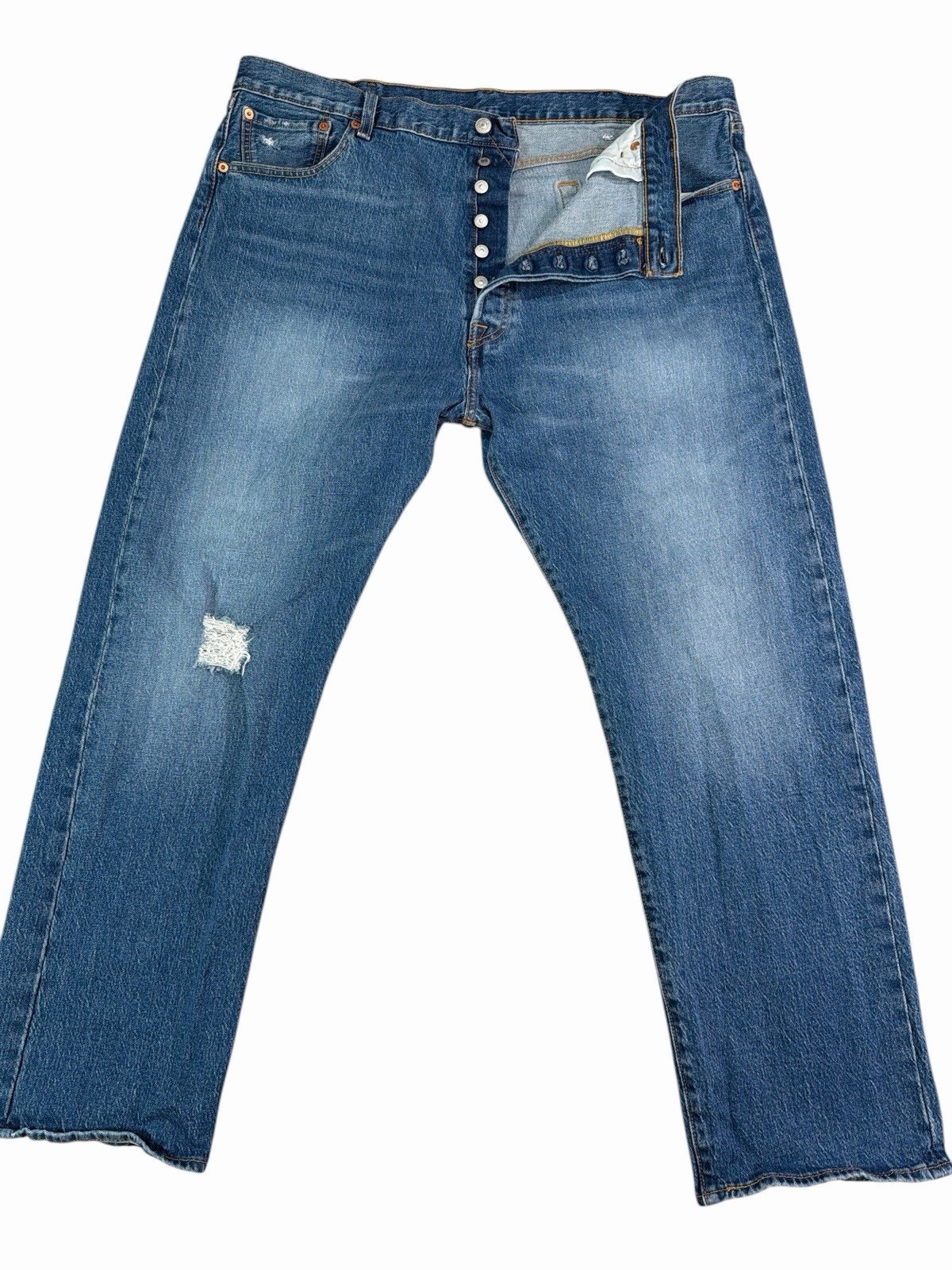 Leviâs 501 Menâs Button Fly Jeans W42 L30 Straight Leg Medium Wash Distressed